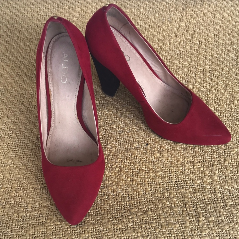 Aldo red pumps 7.5 red suede upper;black wood heel